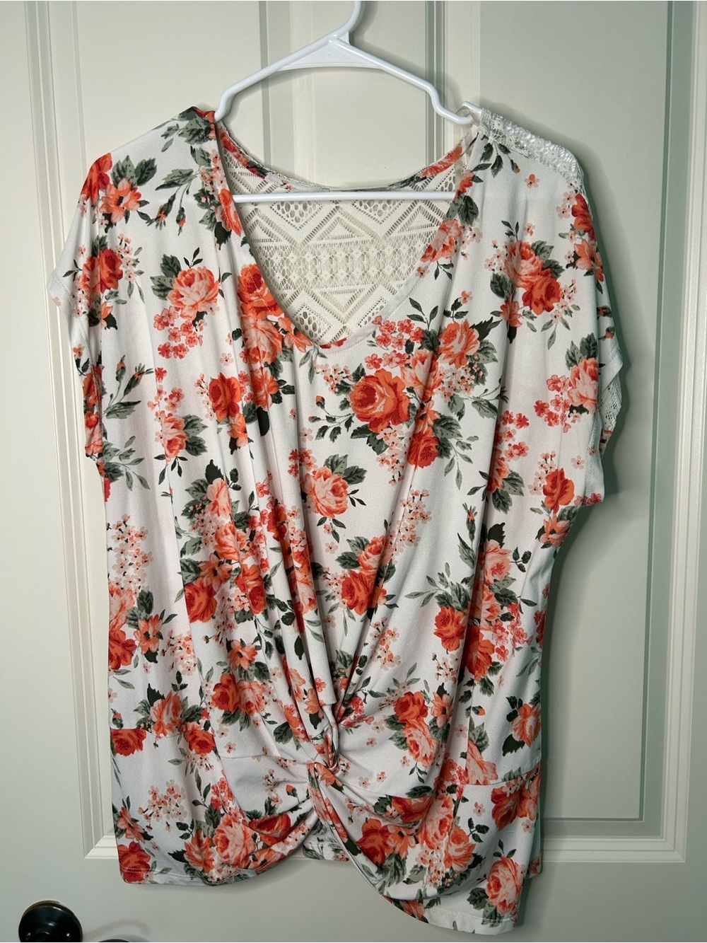 Bobbie Brooks White Top with Coral Floral Twist Front lace design back